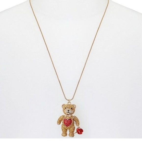 Betsey Johnson Valentines Bear Necklace pendant teddy bear brown with rose - Picture 2 of 3